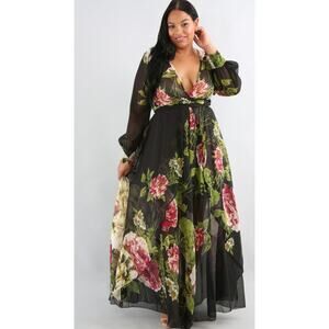 Xtaren Sheer Long Sleeve Floral Print Maxi Dress Womens Size 1X Green Black